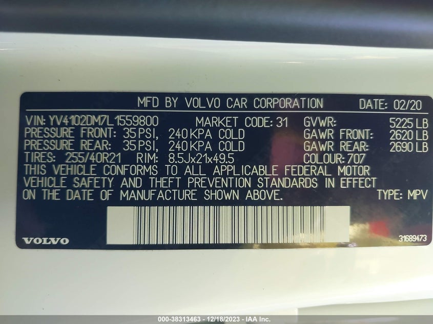 VIN YV4102DM7L1559800 2020 VOLVO XC60 T5 R-DESIGN