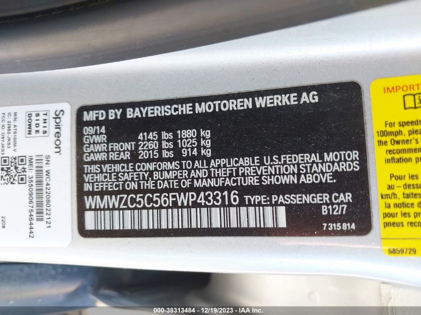 2015 MINI COUNTRYMAN COOPER S WMWZC5C56FWP43316