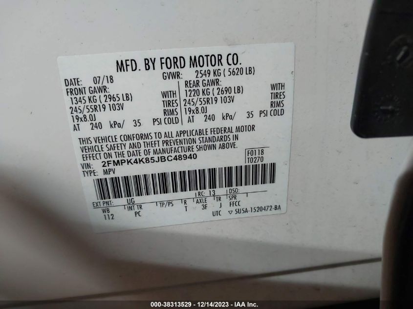 2FMPK4K85JBC48940 2018 FORD EDGE, photo no. 9