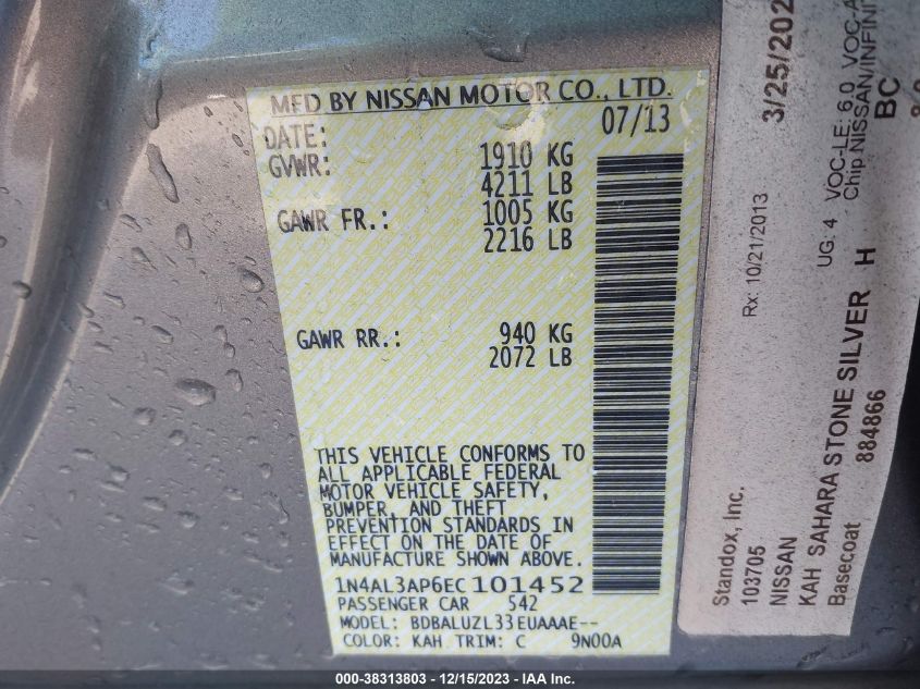 2014 NISSAN ALTIMA 2.5 SV - 1N4AL3AP6EC101452