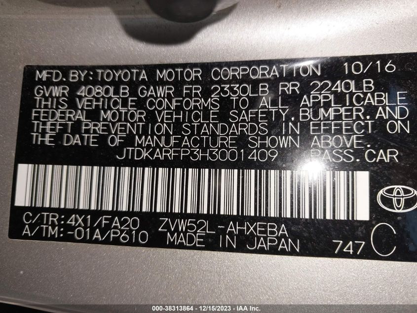 2017 TOYOTA PRIUS PRIME PLUS - JTDKARFP3H3001409