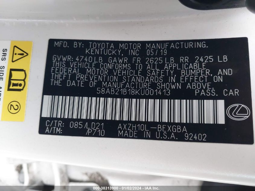 2019 LEXUS ES 300H - 58AB21B18KU001413