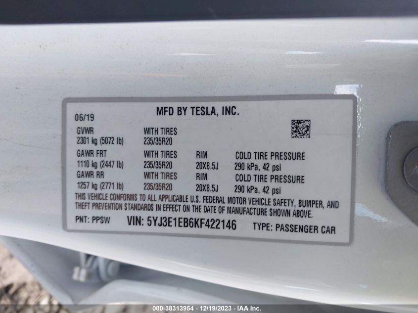 2019 TESLA MODEL 3 LONG RANGE/PERFORMANCE - 5YJ3E1EB6KF422146