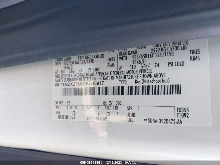 2015 FORD TRANSIT T-350 1FBZX2YM0FKA16917