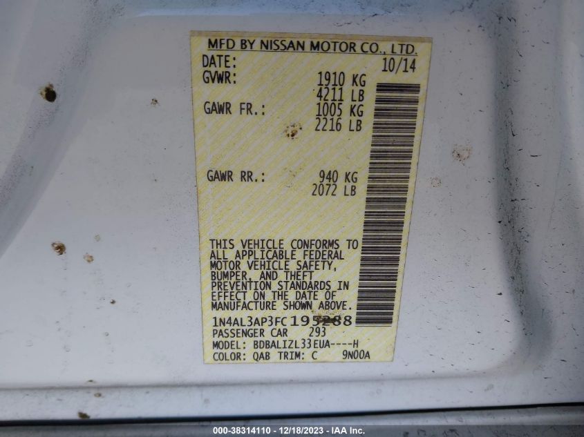 2015 NISSAN ALTIMA 2.5/S/SV/SL - 1N4AL3AP3FC195288