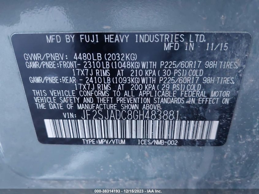 2016 SUBARU FORESTER 2.5I PREMIUM - JF2SJADC8GH483881