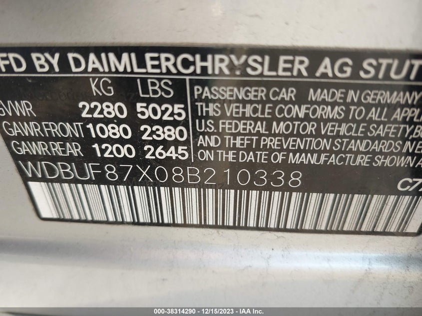 2008 MERCEDES-BENZ E 350 VIN: WDBUF87X08B210338
