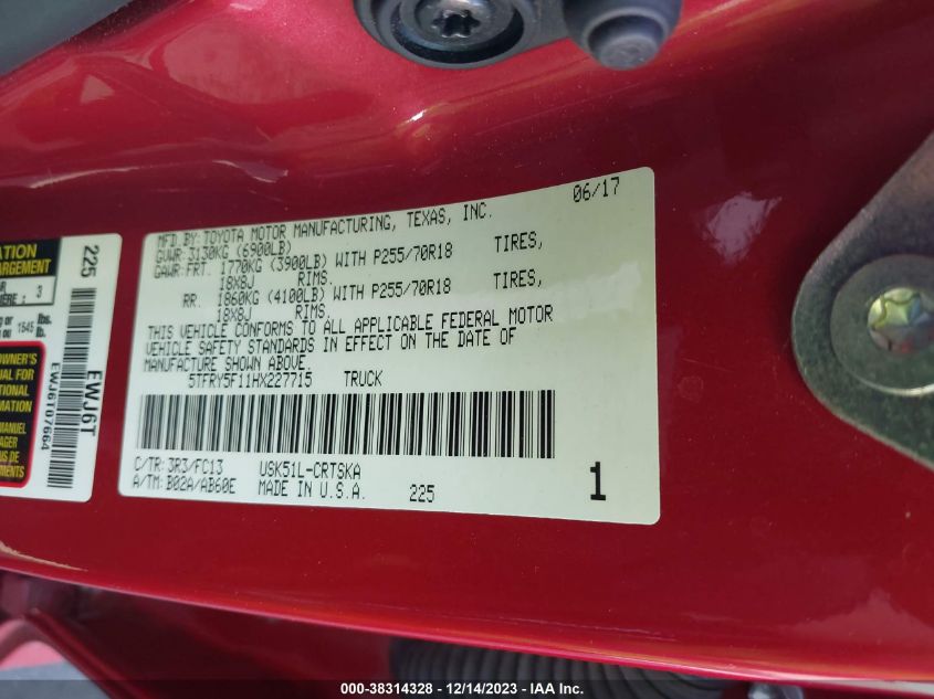 2017 TOYOTA TUNDRA SR5 5.7L V8 - 5TFRY5F11HX227715
