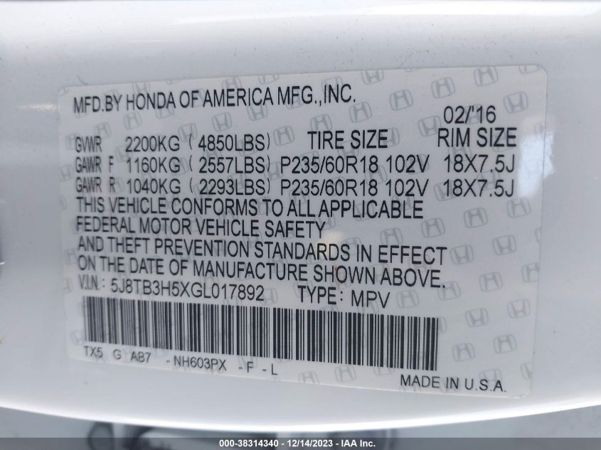 2016 ACURA RDX TECH PKG/TECH/ACURAWATCH PLUS PKG - 5J8TB3H5XGL017892