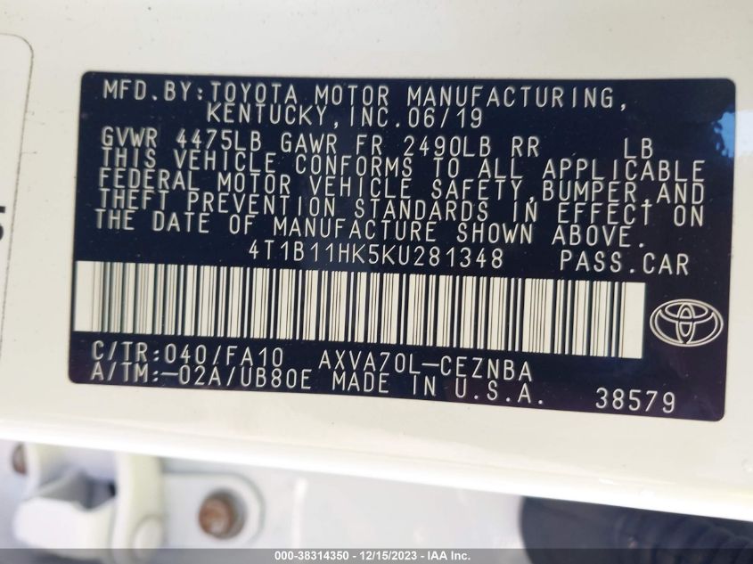 2019 TOYOTA CAMRY LE - 4T1B11HK5KU281348