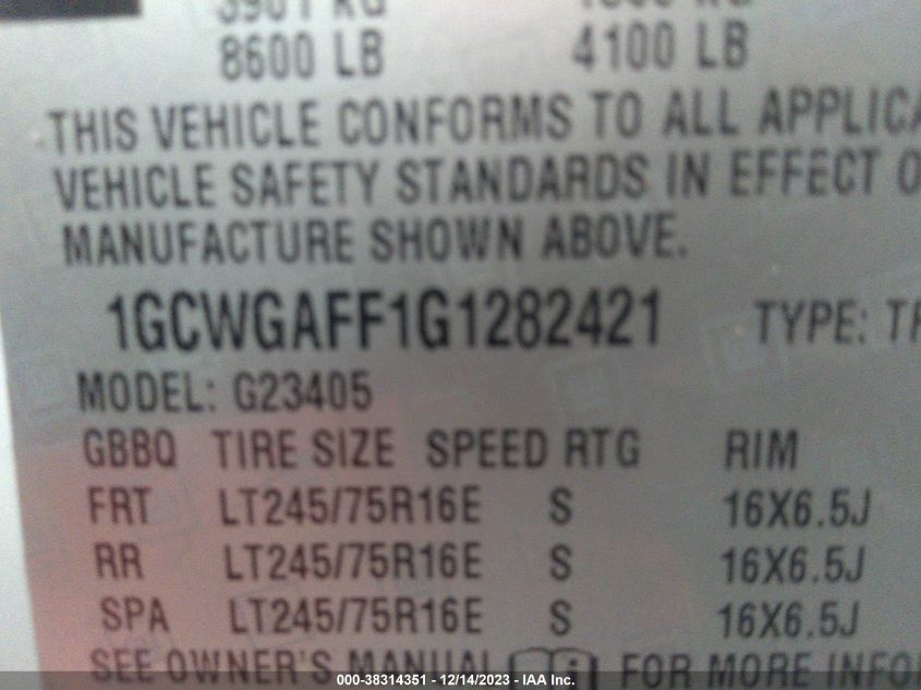 2016 CHEVROLET EXPRESS 2500 WORK VAN 1GCWGAFF1G1282421