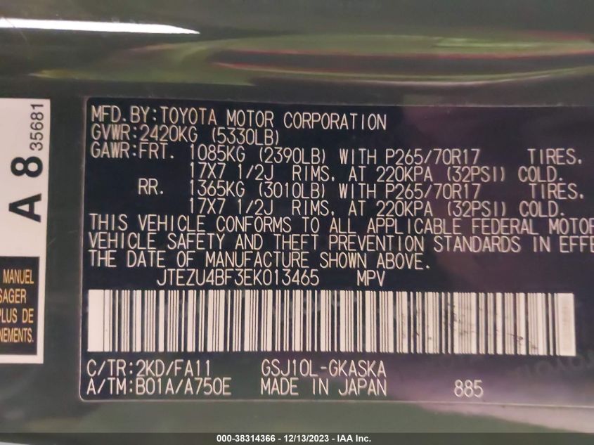 2014 TOYOTA FJ CRUISER JTEZU4BF3EK013465