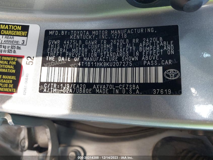 2019 TOYOTA CAMRY SE - 4T1B11HK8KU207275