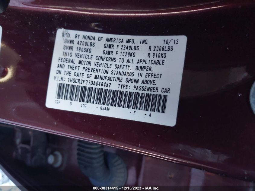 2013 HONDA ACCORD LX - 1HGCR2F37DA048452