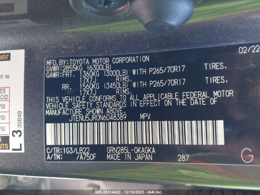 2022 TOYOTA 4RUNNER SR5/SR5 PREMIUM/TRAIL/LIM - JTENU5JR0N6048389