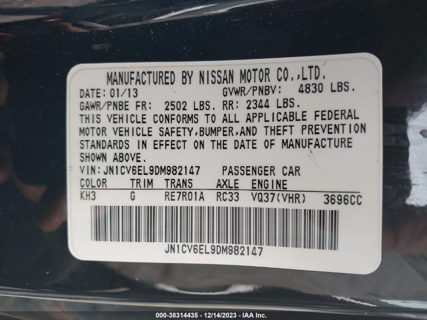 2013 INFINITI G37X - JN1CV6EL9DM982147
