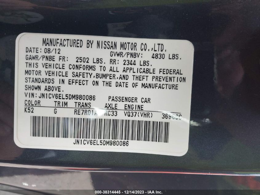 2013 INFINITI G37X JN1CV6EL5DM980086