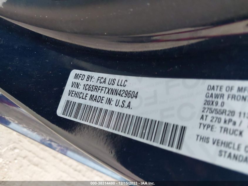 2022 RAM 1500 BIG HORN  4X4 5'7 BOX - 1C6SRFFTXNN429604