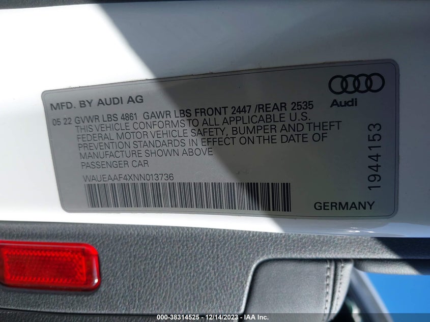 VIN WAUEAAF4XNN013736 2022 AUDI A4 PREMIUM PLUS 45 TFSI S LINE QUATTRO S TRONIC