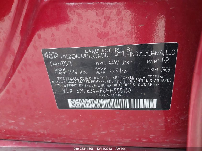 5NPE24AF6HH555138 | 2017 HYUNDAI SONATA