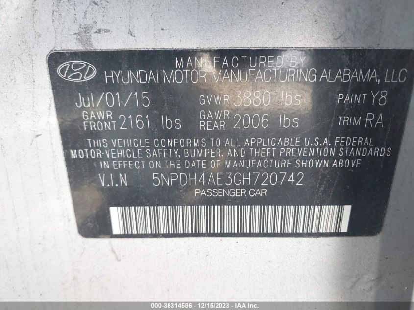 5NPDH4AE3GH720742 | 2016 HYUNDAI ELANTRA