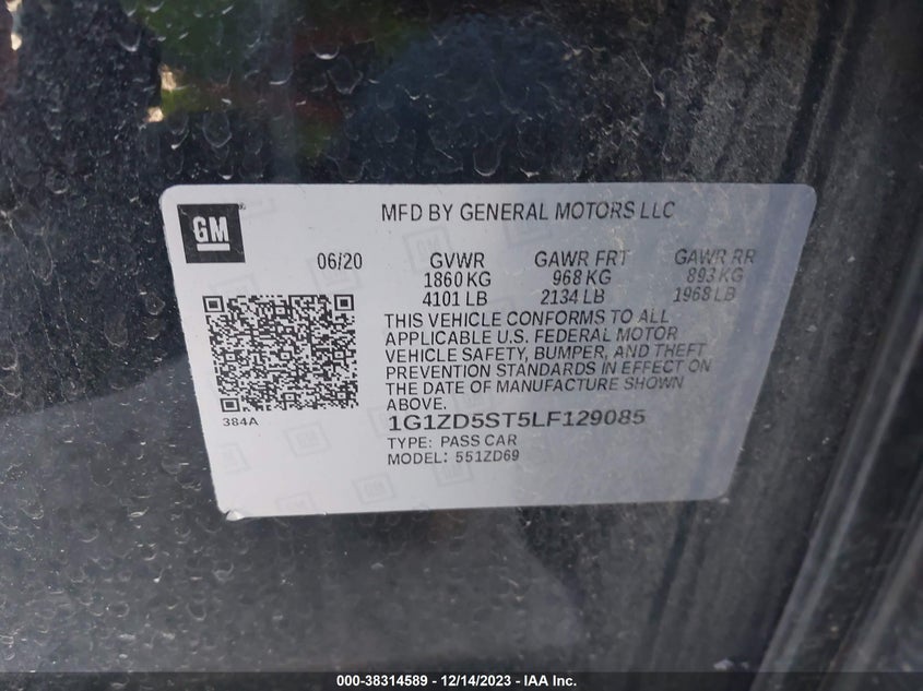 VIN 1G1ZD5ST5LF129085 2020 CHEVROLET MALIBU FWD LT