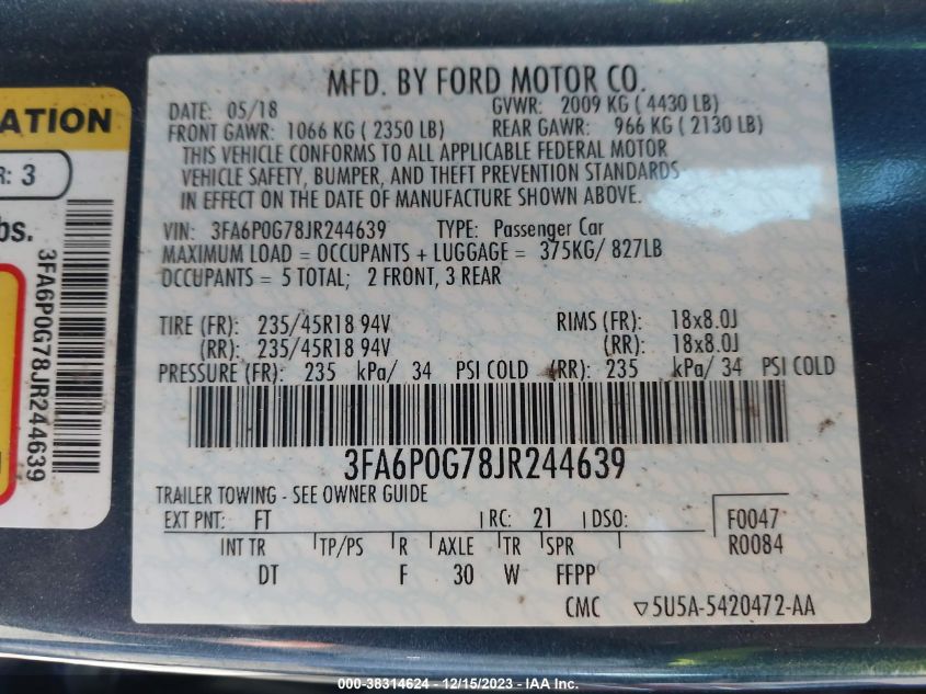 2018 FORD FUSION S - 3FA6P0G78JR244639