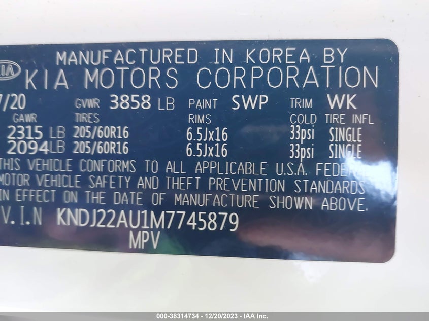 VIN KNDJ22AU1M7745879 2021 KIA SOUL LX