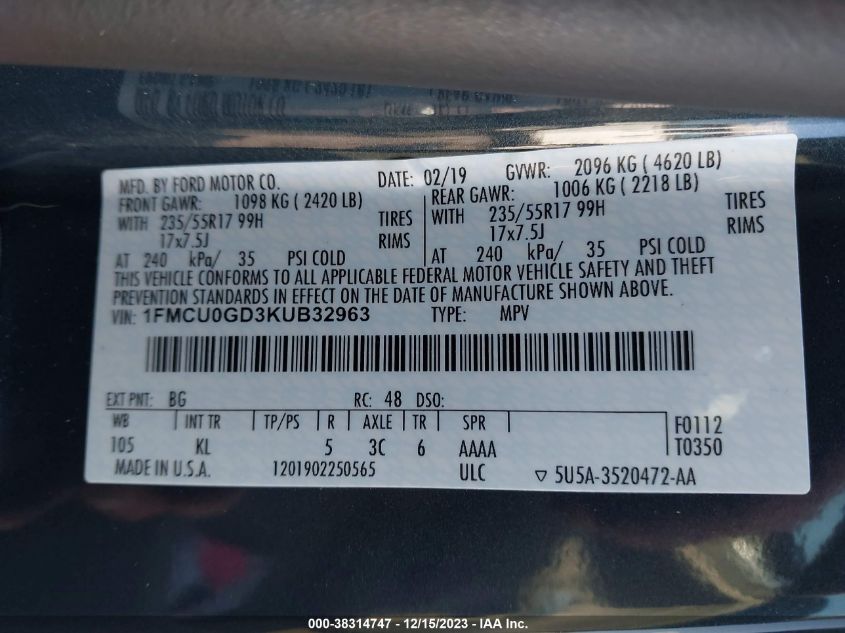 2019 FORD ESCAPE SE - 1FMCU0GD3KUB32963