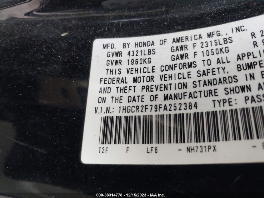 2015 HONDA ACCORD EX - 1HGCR2F79FA252384