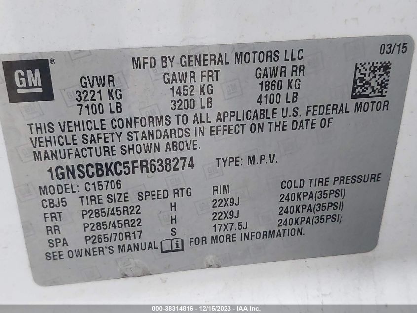 2015 CHEVROLET TAHOE C1500 LT - 1GNSCBKC5FR638274
