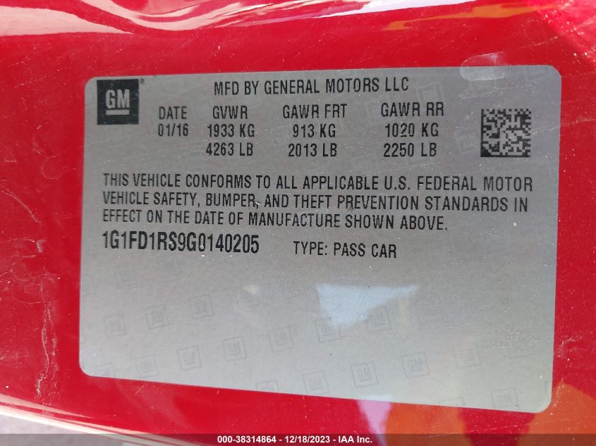 2016 CHEVROLET CAMARO LT - 1G1FD1RS9G0140205