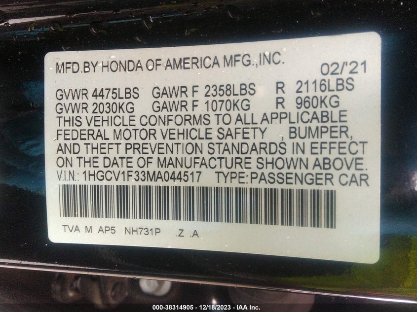 VIN 1HGCV1F33MA044517 2021 HONDA ACCORD SPORT