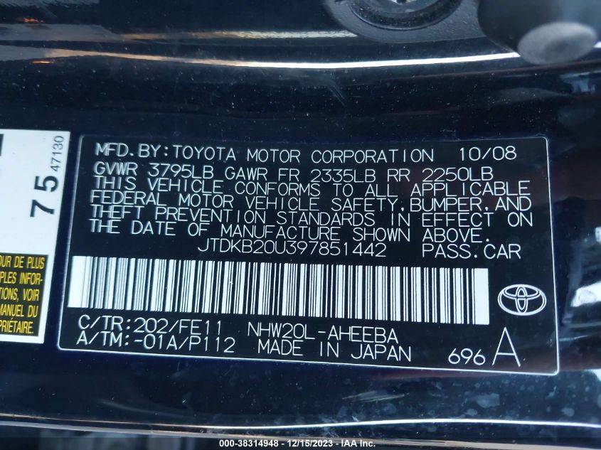 JTDKB20U397851442 | 2009 TOYOTA PRIUS