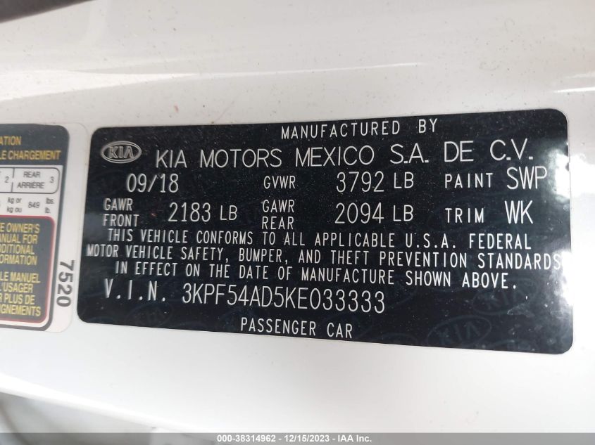 2019 KIA FORTE EX - 3KPF54AD5KE033333