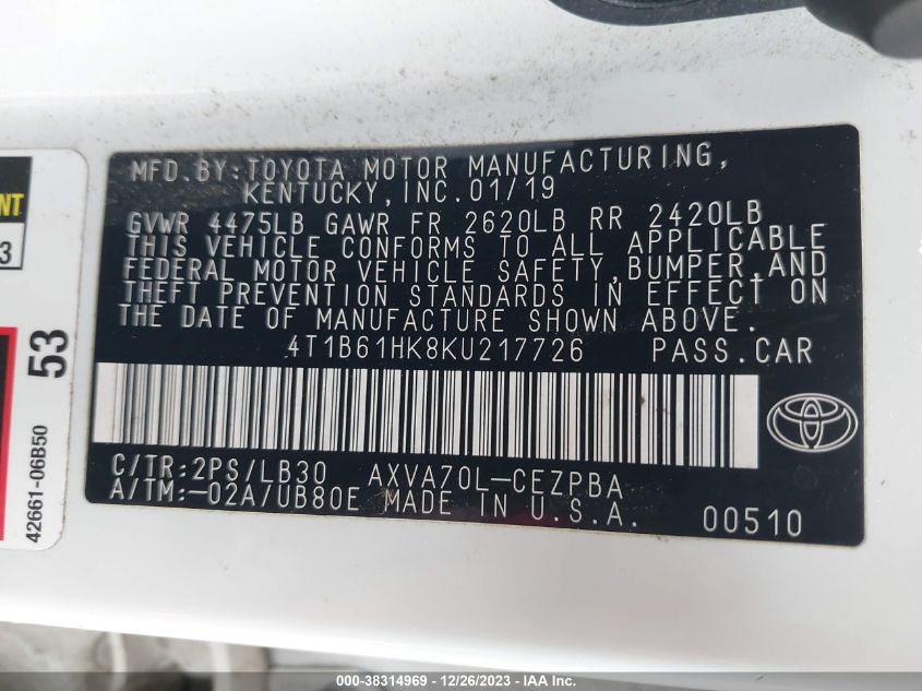2019 TOYOTA CAMRY XSE - 4T1B61HK8KU217726