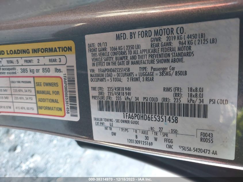2014 FORD FUSION SE - 1FA6P0HD6E5351458