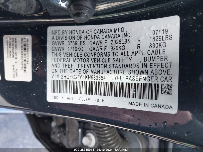 2019 HONDA CIVIC LX - 2HGFC2F61KH583364