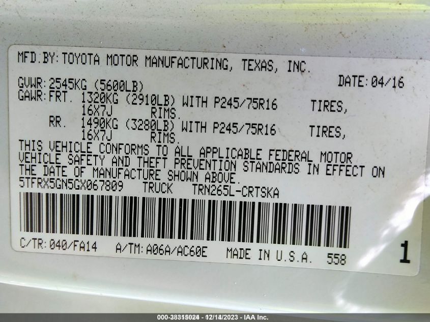 2016 TOYOTA TACOMA SR 5TFRX5GN5GX067809
