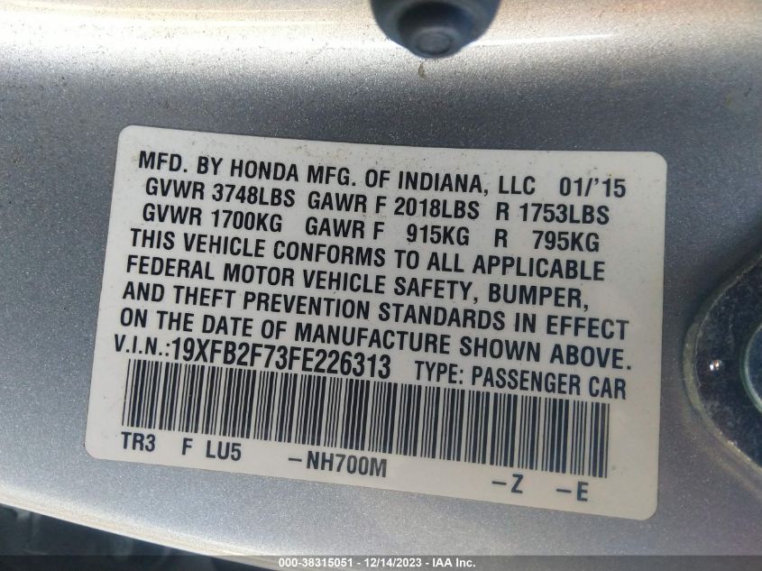 2015 HONDA CIVIC SE - 19XFB2F73FE226313