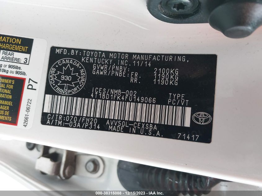 2015 TOYOTA CAMRY HYBRID LE/SE/XLE - 4T1BD1FK4FU149066