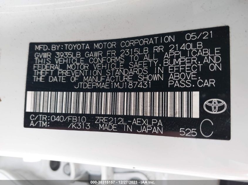 2021 TOYOTA COROLLA LE - JTDEPMAE1MJ187431
