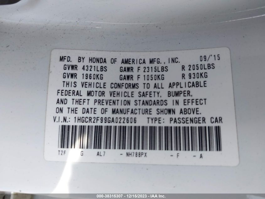 2016 HONDA ACCORD EX-L - 1HGCR2F99GA022606