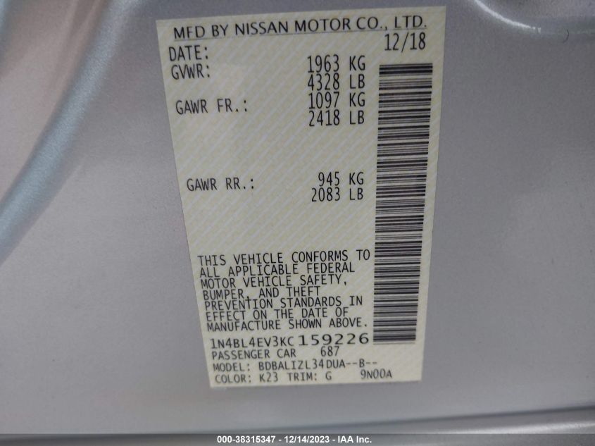 2019 NISSAN ALTIMA 2.5 SL - 1N4BL4EV3KC159226