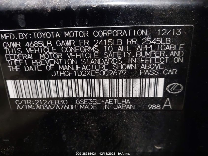 2014 LEXUS IS 250 - JTHCF1D2XE5009679