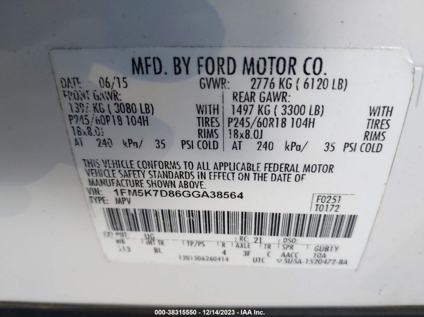 2016 FORD EXPLORER XLT - 1FM5K7D86GGA38564