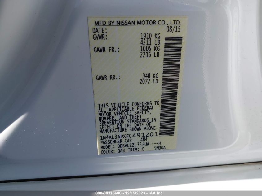 2015 NISSAN ALTIMA 2.5 S - 1N4AL3APXFC491201