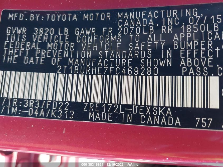 2015 TOYOTA COROLLA S PLUS - 2T1BURHE7FC469280