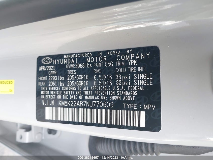 VIN KM8K22AB7NU770609 2022 HYUNDAI KONA SE