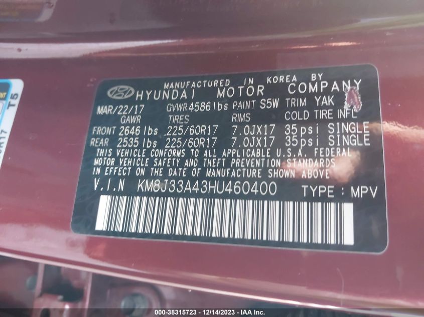 2017 HYUNDAI TUCSON SE - KM8J33A43HU460400